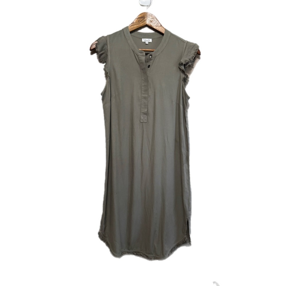 Splendid Shift Dress Womens XS Olive Green Good Frayed Fringe Hem Rayon Blend